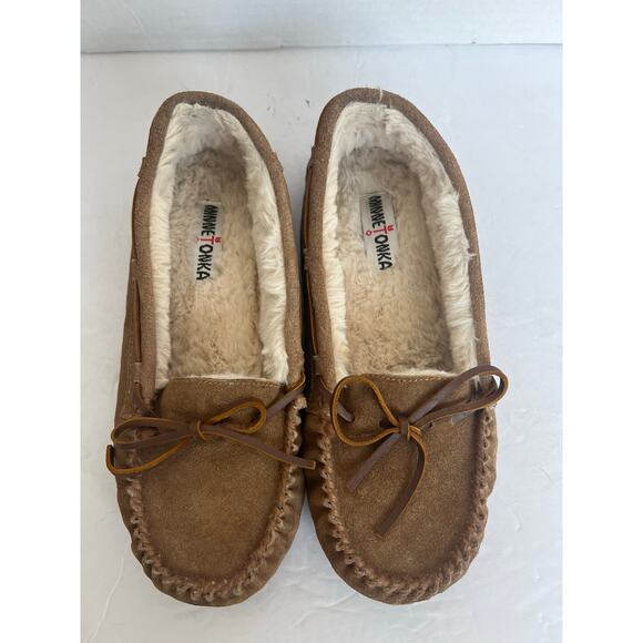 Minnetonka Cally Brown Suede Slip On Faux Fur Lined Bow Flat Slipper Shoes Sz 10 - Picture 4 of 11